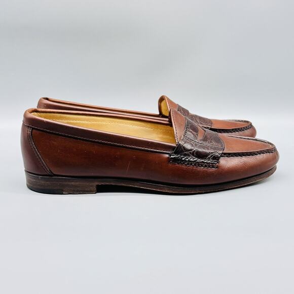 Cole Haan Shoes Men 8.5 Brown Leather Penny Loafers Alligator USA 90s Vintage - Picture 1 of 12